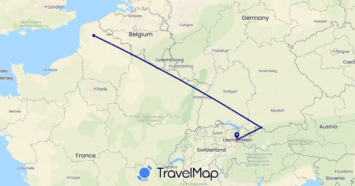 TravelMap itinerary: driving in Germany, France, Liechtenstein (Europe)